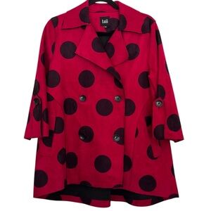 Luii Burgundy Red/Black Faux Suede Polka Dot High Low Double Breasted Jacket